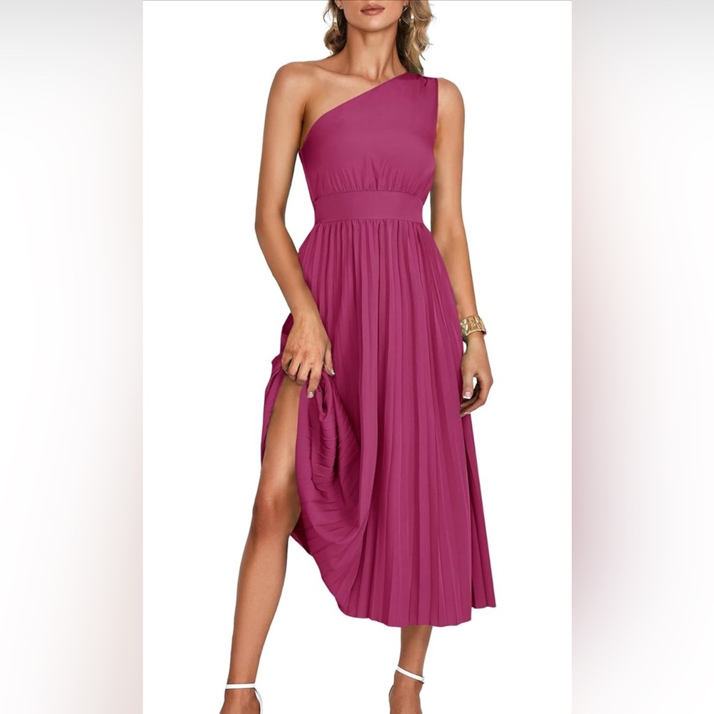 One Shoulder Pleated Midi Dress - NEW